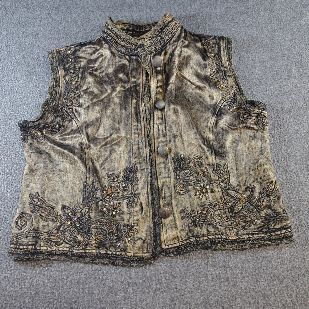 Flashback Couture Embroidered Vest Women Gold Black Boho Sequin Button Up